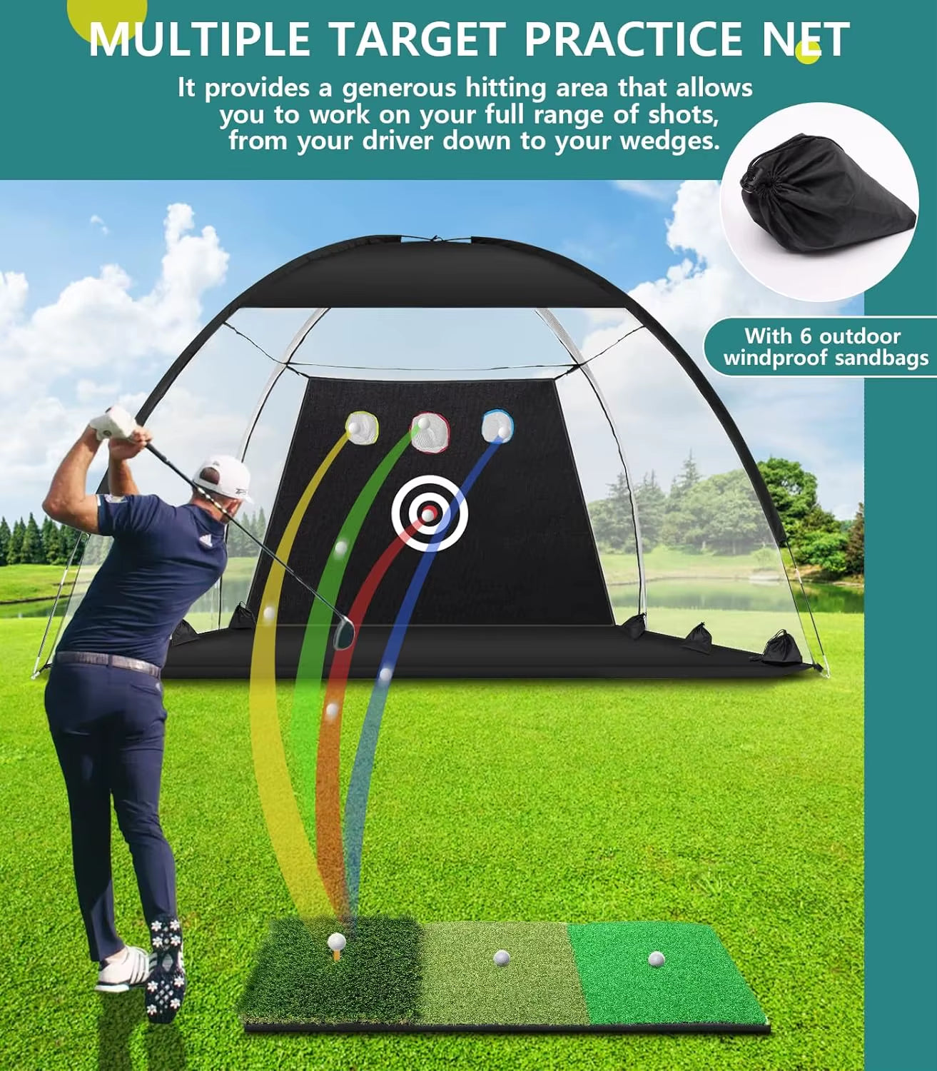 DCUTIE 10X7Ft Golf Practice Net with Tri-Turf Mat, Target & Carry Bag for Backyard Training